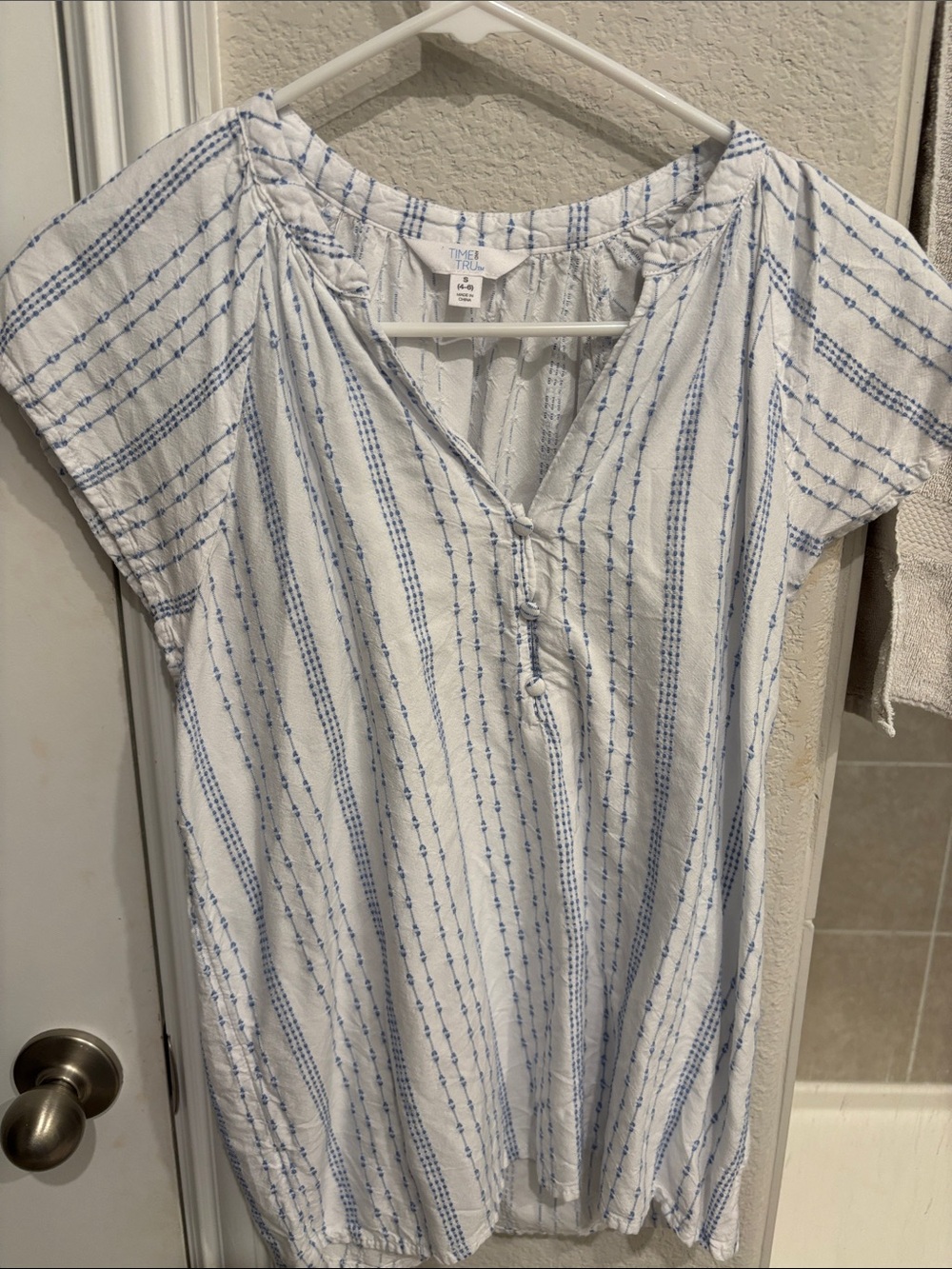 Time and Tru White & Blue Striped Peasant Top